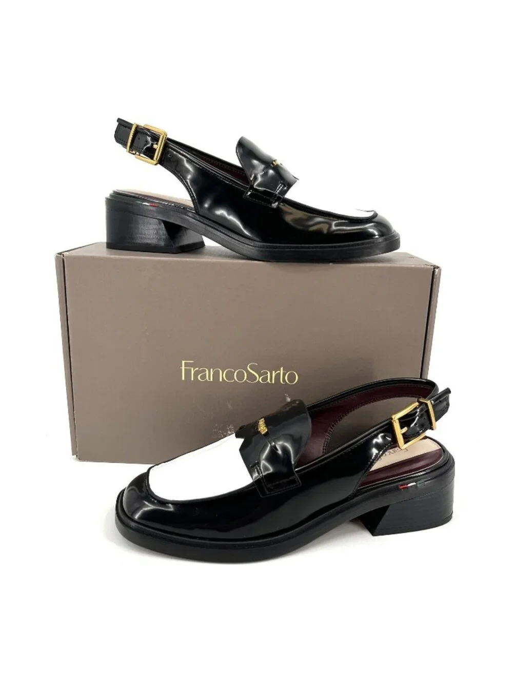 Franco Sarto Giada Slingback Loafers Black White Size 7M Square Toe Block Heel